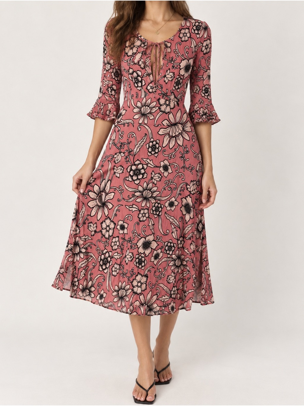 Floral Tie-Front Midi Dress in Dusty Rose